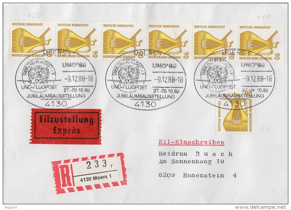 Bund Eilbote-R-Brief Mef Minr.7x 1380 SST Moers 9.12.88 Rollenmarken - Briefe U. Dokumente