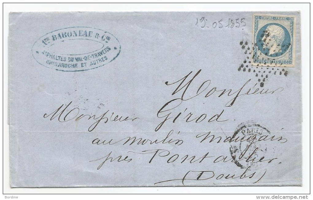 - Lettre - SEINE - PARIS-Etoile Muette S/TPND Bleu Laiteux N°14 + Càd Type 15 - 1855 - 1853-1860 Napoleon III