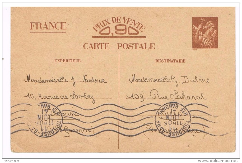 Carte Postale. Entier Postal. FRANCE PRIX DE VENTE 0.90.Cachet TOULOUSE HAUTE-GARONNE 31.Cachet 77/5.  1941 - Standard Postcards & Stamped On Demand (before 1995)