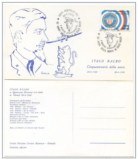 ITALIA 1990 ORBETELLO 50° ANNIVERSARIO MORTE ITALO BALBO CARTOLINA UFFICIALE CON ANNULLO SPECIALE (6600) - Aerei