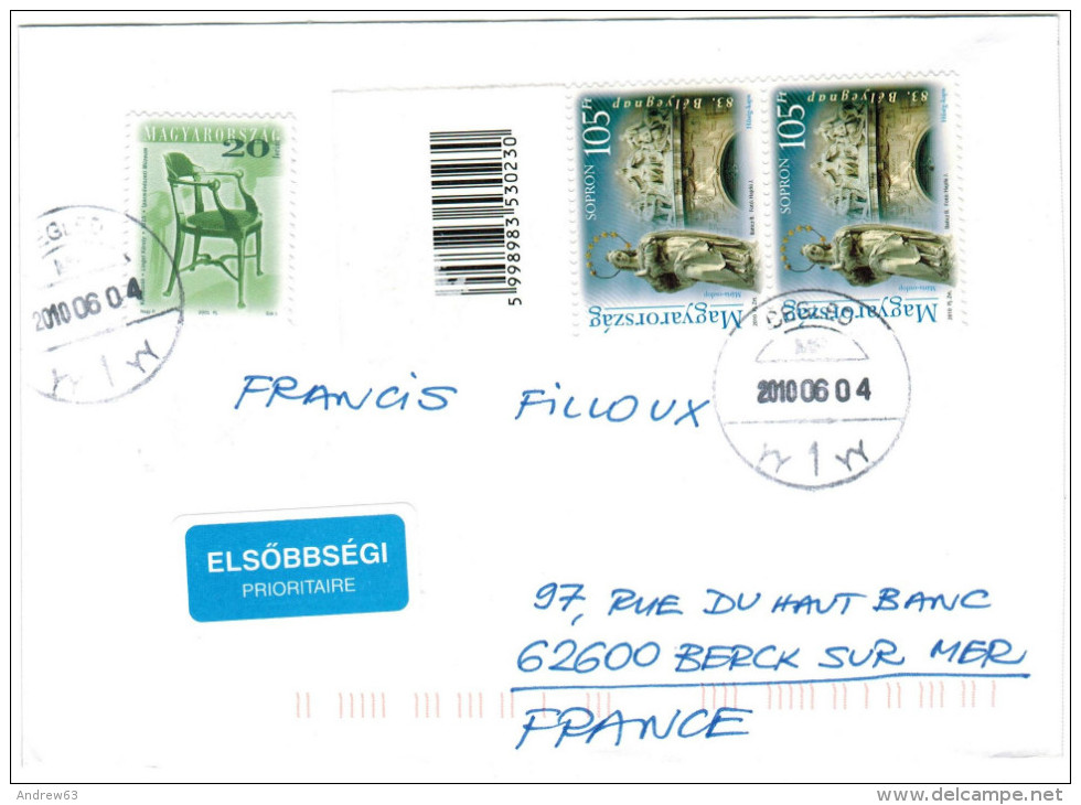 UNGHERIA - Hungary - 2010 - 3 Stamps + MNH Bar Code - Viaggiata Da Cegled Per Berck Sur Mer, France - Lettres & Documents