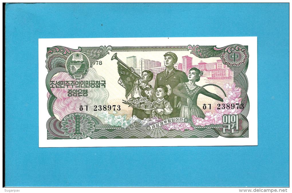 KOREA, NORTH - 1 WON - 1978 - P 18.e - UNC. - BLACK Serial # - Large Numeral 1 In BLUE Guilloche - 2 Scans - Korea, North