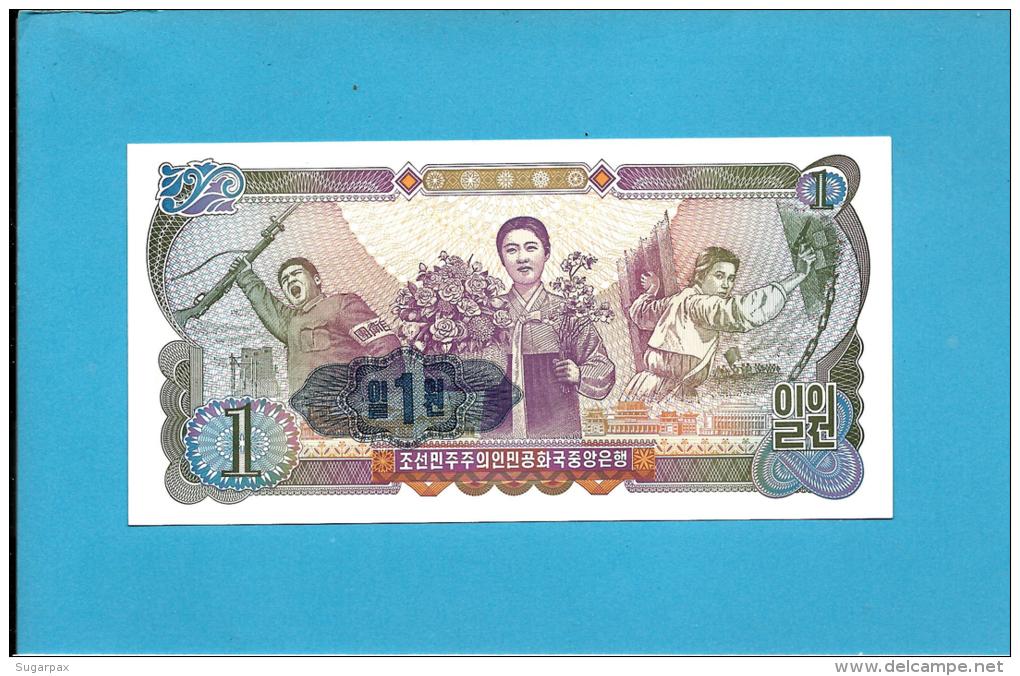 KOREA, NORTH - 1 WON - 1978 - P 18.e - UNC. - BLACK Serial # - Large Numeral 1 In BLUE Guilloche - 2 Scans - Korea, North