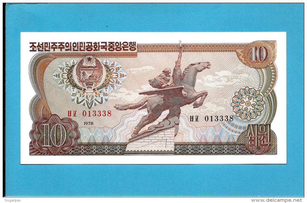 KOREA, NORTH - 10 WON - 1978 - P 20.a - UNC. - RED And BLACK Serial # - NO Seal - For General Circulation - 2 Scans - Corée Du Nord