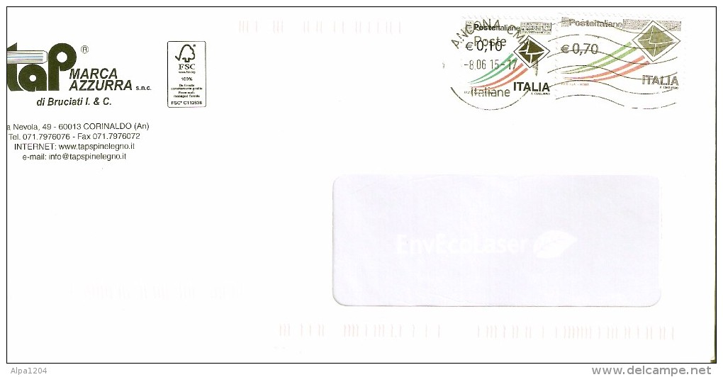 ENVELOPPE ITALIE AVEC DEUX TIMBRES  "POSTE ITALIANE 0.10 ET 0.70" ANNEE 2015 OBLITERES - 2011-20: Oblitérés