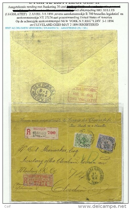 45+48 Op Brief (als DRUKWERK / IMPRIME) ! Aangetekend ,stempel BRUXELLES Naar U.S.A.,+ Aantekenstrookje NEW YORK !! Rare - 1884-1891 Léopold II