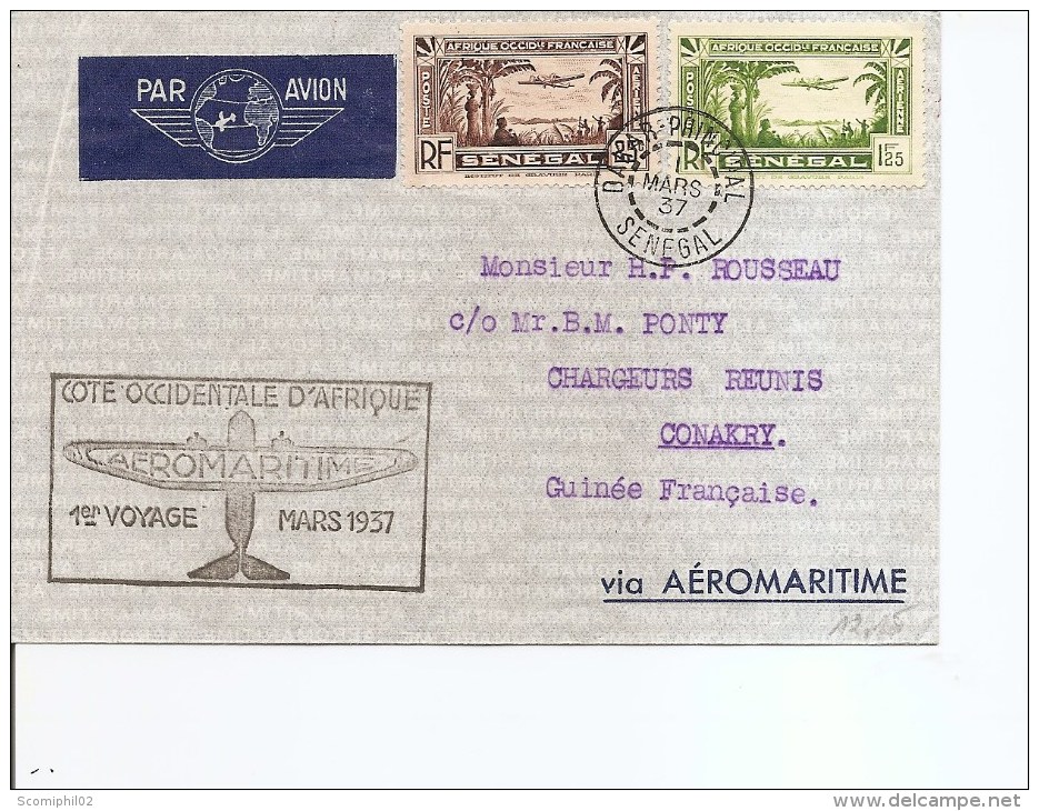 Sénégal ( Lettre En Premier Vol De 1937 De Dakar Vers La Guinée Française à Voir) - Poste Aérienne