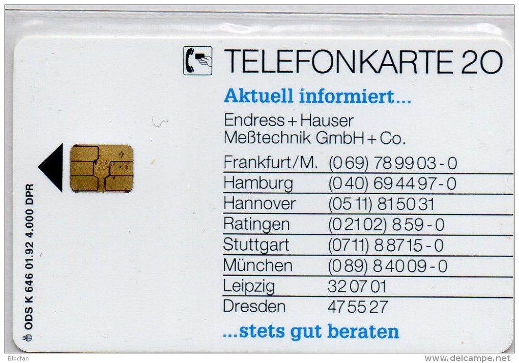 TK K 646/1992 Werbung Umwelt ** 30€ Wasser Und Gas-Analyse+Meßtechnik 01/92 Endress+Hauser Tele-card Of Germany - Petrole