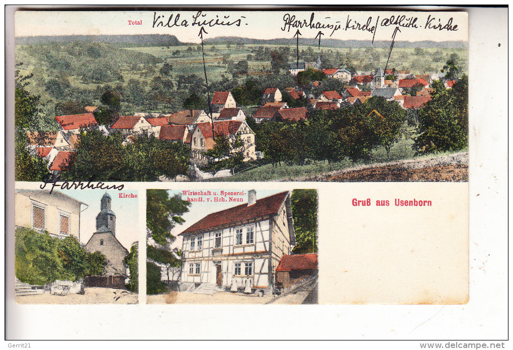 6474 ORTENBERG - USENBORN, Kirche, Ortsansicht, Wirtschaft & Spezereihandlung Hch. Neun, 1915 - Friedberg