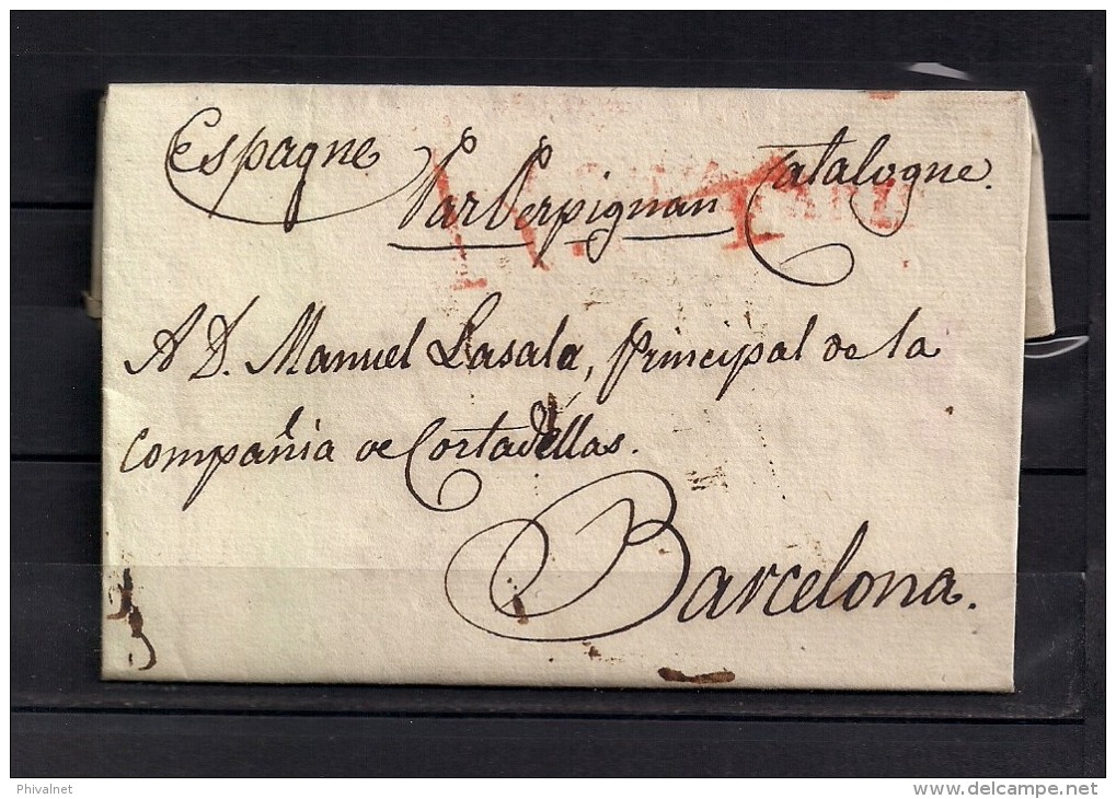 1821 CARTA COMPLETA CIRCULADA ENTRE PARIS Y BARCELONA, VIA PERPIGNAN , INTERESANTE PIEZA. - 1801-1848: Precursores XIX