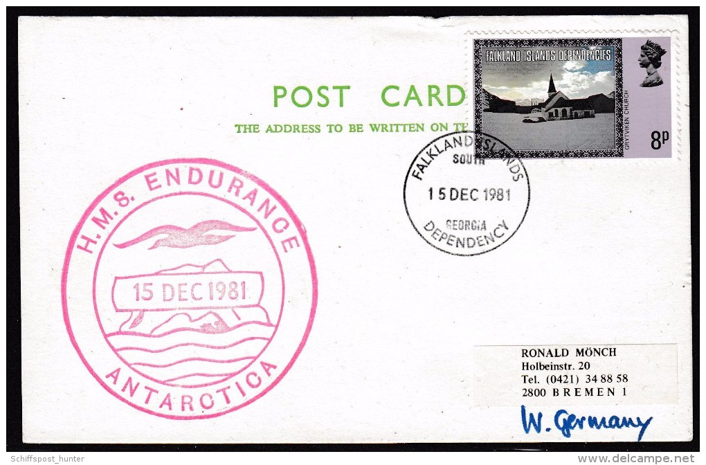 ANTARCTIC,SOUTH GEORGIA, 15.12.1981, Cachet"HMS ENDURANCE" + Marking Typ 15 , Look Scan II12.6-68 - Storia Postale