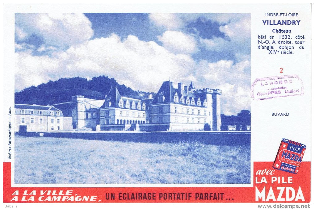 Buvard N° 2 MAZDA - Chateau De Villandry (Indre Et Loire) - Batterie