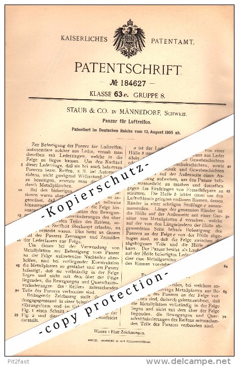 Original Patent - Staub & Co. In Männedorf , Schweiz , 1905 , Panzer Für Luftreifen , Reifen !!! - Männedorf