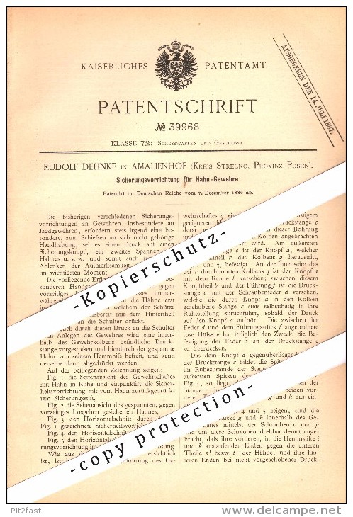 Original Patent -Rudolf Dehnke In Amalienhof B. Strelno / Strzelno , 1886 , Sicherung Für Gewehre , Jagd , Gewehr !!! - Posen