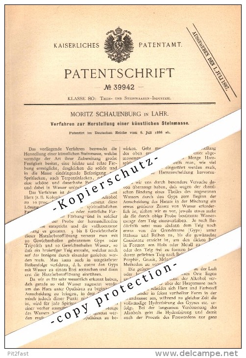 Original Patent - Moritz Schauenburg In Lahr / Schwarzwald , 1886 , Herstellung Künstlicher Steine , Bau , Keramik !!! - Lahr