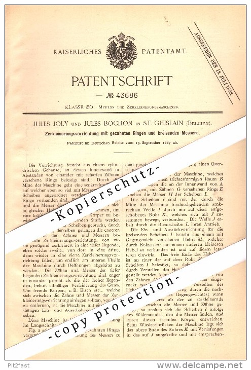 Original Patent - Jules Joly Und J. Bochon In Saint-Ghislain , 1887 , Zerkleinerungsapparat , Maschine !!! - Saint-Ghislain