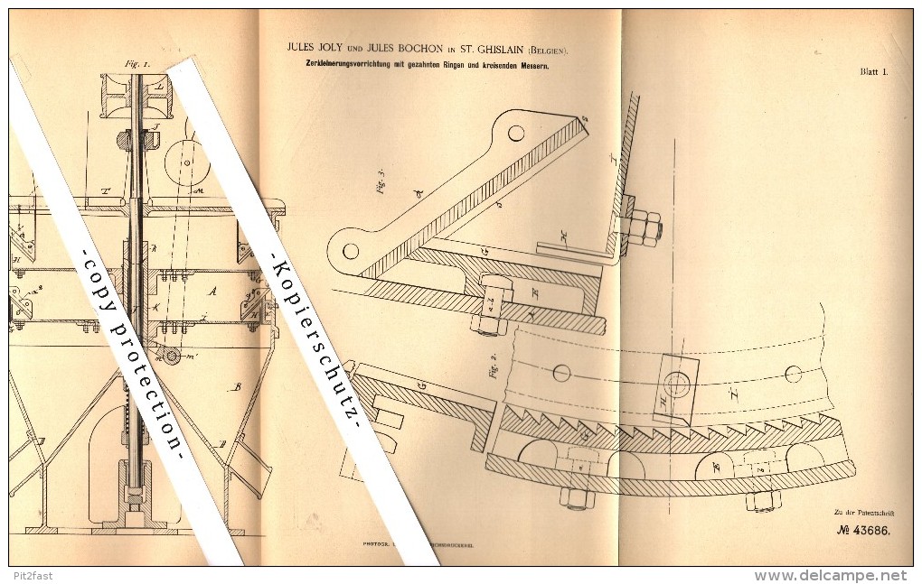 Original Patent - Jules Joly Und J. Bochon In Saint-Ghislain , 1887 , Zerkleinerungsapparat , Maschine !!! - Saint-Ghislain