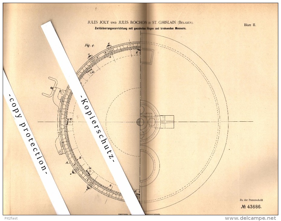 Original Patent - Jules Joly Und J. Bochon In Saint-Ghislain , 1887 , Zerkleinerungsapparat , Maschine !!! - Saint-Ghislain