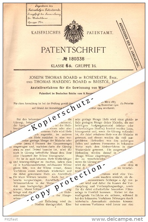 Original Patent - J.T. Board In Roseneath And Bristol , Scotland , 1905 , Production Of Yeast Wort , Brewery , Beer !!! - Bute