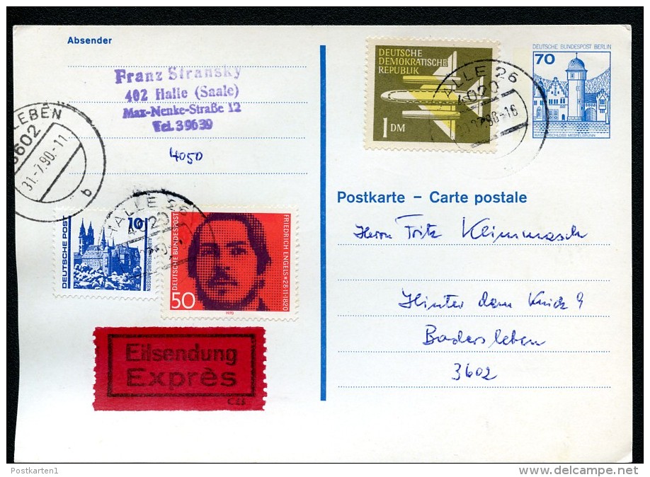 BERLIN P123 I Postkarte EILSENDUNG Halle-Badersleben 31.7.1990 - Postales - Usados