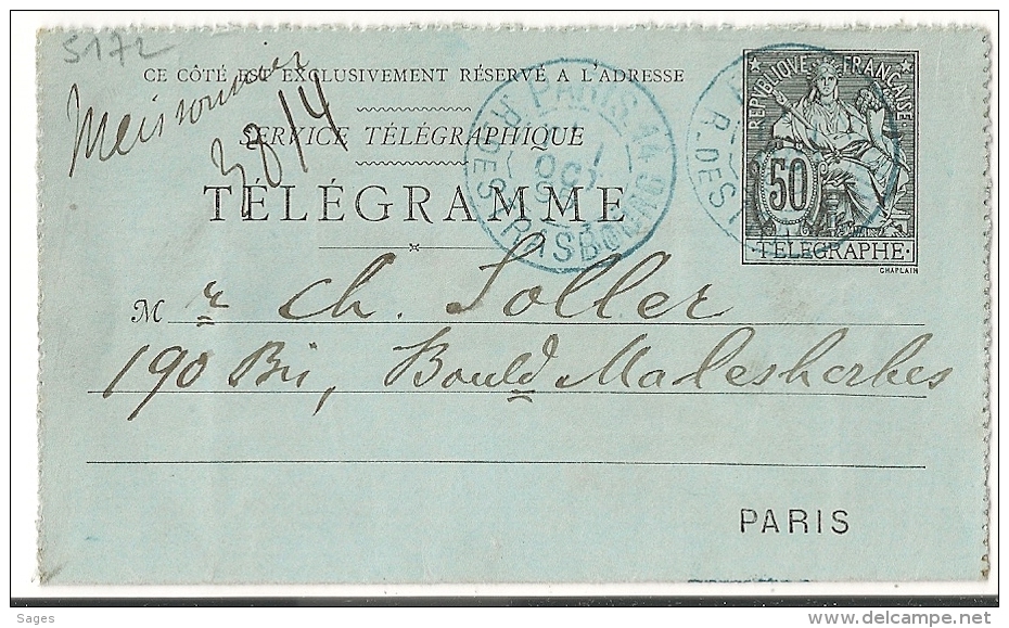PARIS 14 R. DE STRASBOURG Sur Telegramme. T2 - Rohrpost