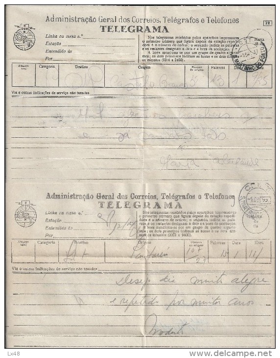 Lot 4 Different Telegrams. Years 1947/1968. Mod.72/72T. Different Printed.S. Martinho Do Porto And Telegrams Lisboa - Lettres & Documents