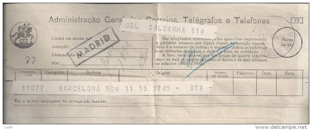 Telegram Sent From Barcelona /Madrid. Central Telegraph Obliteration Of Lisbon 2º Sector 06/01/1955. Portugal. - Storia Postale