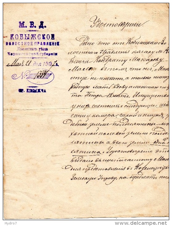 Russian Empire Ukraine Kobyzhcha Kozelets Chernigov 1907 ID Card - Historical Documents