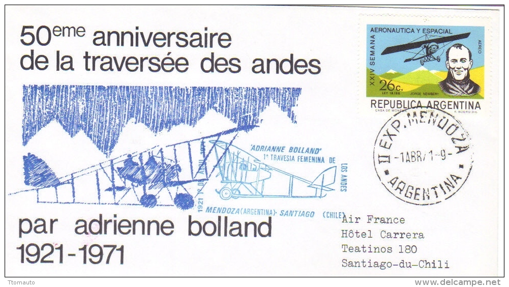 Argentina  -  Adrienne Bolland (aviatrice)  -  Traversée Des Andes   -  1er Jour Carte   -  FDC - Avions