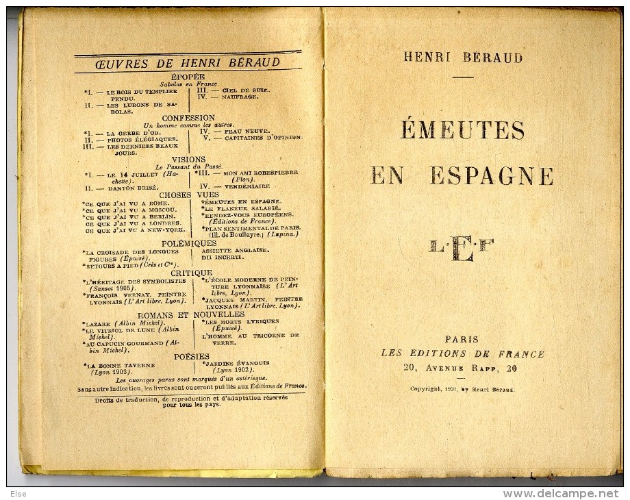 EMEUTES EN ESPAGNE  HENRI BERAUD  1931  -  272 PAGES - Storia