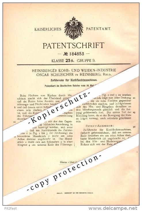 Original Patent - Oscar Schleicher In Heinsberg , Rheinland , 1906 , Korb-Flechtmaschine , Korbflechterei !!! - Heinsberg