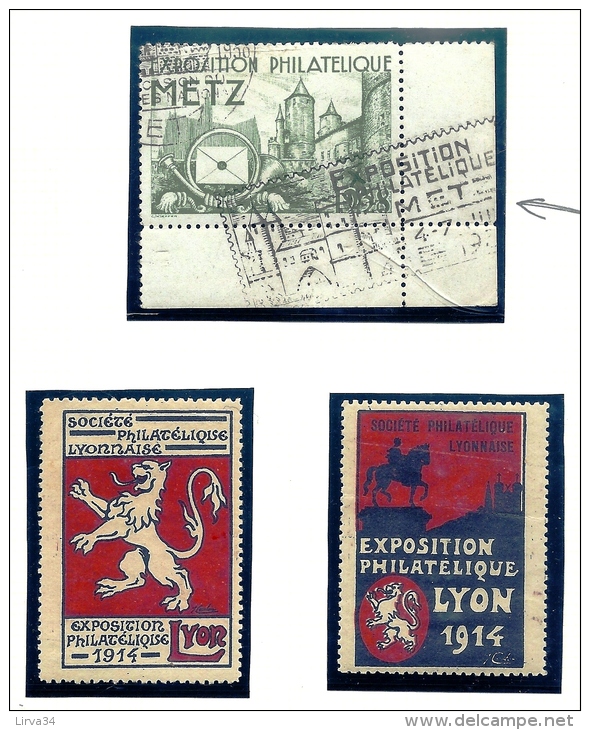 LOT DE 3 VIGNETTES DE FRANCE- EXPOSITION PHILATÉLIQUE- METZ 1938 OBLITÉRÉ COIN DE FEUILLE + FLAMME-  LYON 1914 - Esposizioni Filateliche