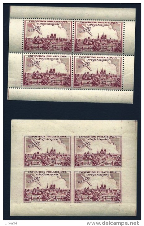 RARE LOT 2 BLOCS 4 VIGNETTES DENTELÉ + NON DENT. ROUGE- EXPOS PHILATÉLIQUE : LA POSTE AERIENNE- PARIS 1943- 2SCANS - Briefmarkenmessen