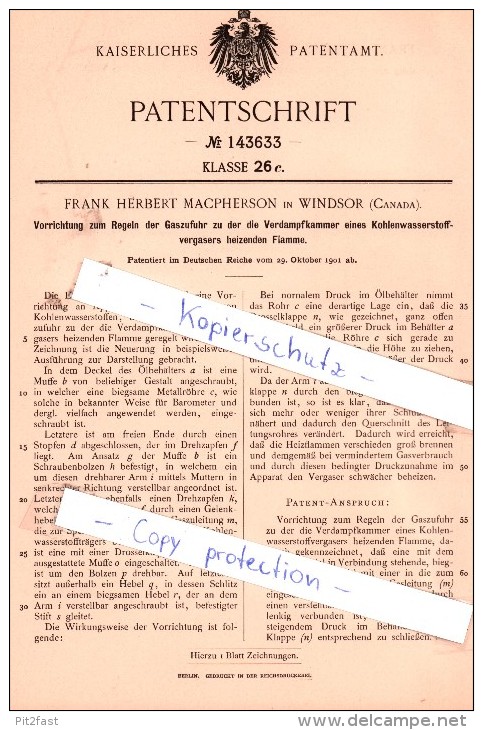 Original Patent - F. H. Macpherson In Windsor , Canada , 1901 , Regeln Der Gaszufuhr !!! - Documents Historiques