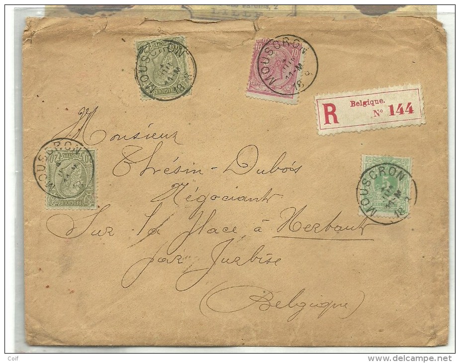 45+46+47 Op Brief (3 Porten) Aangetekend Met Stempel MOUSCRON - 1884-1891 Leopold II