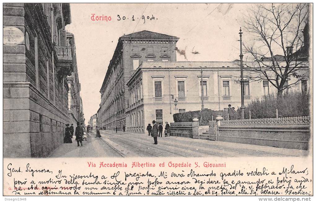 03508  "TORINO - VIA ACCADEMIA ALBERTINA ED OSPEDALE SAN GIOVANNI" ANIMATA. CART. POSTALE ORIG. SPEDITA 1933. - Gesundheit & Krankenhäuser