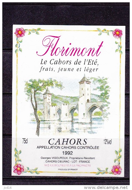 ETIQUETTE NEUVE CAHORS Florimont 1992 Georges VIGOUROUX 12cmx9cm - Cahors