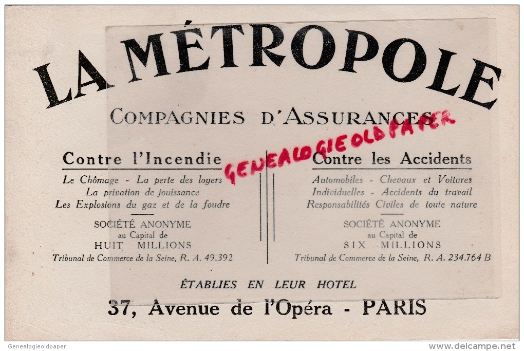 75 - PARIS - BUVARD LA METROPOLE- ASSURANCES- 37 AVENUE DE L' OPERA - Banco & Caja De Ahorros