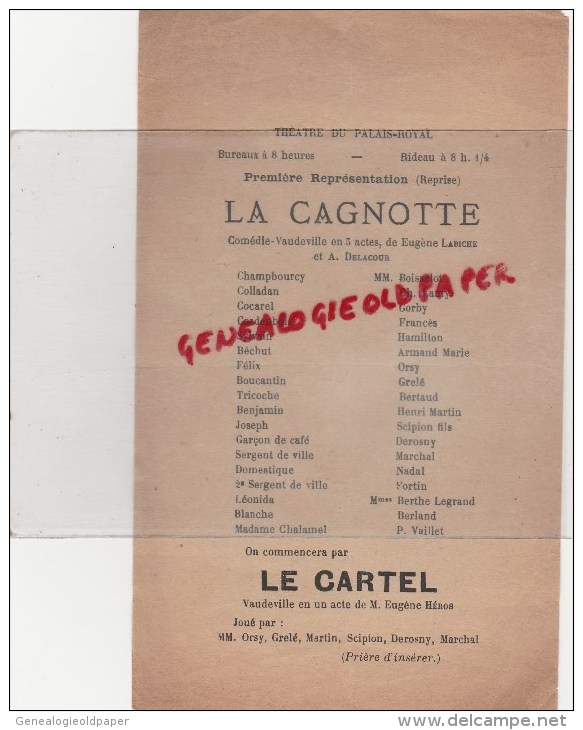 75 - PARIS -  PROGRAMME THEATRE DU PALAIS ROYAL- LA CAGNOTTE -EUGENE LABICHE- LE CARTEL - Programmes