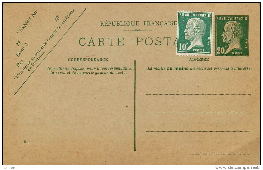 LOT DE 7 ENTIERS POSTAUX 5 PASTEURS 20C VERT  ET 2 SEMEUSES10C ROUGE - Konvolute: Ganzsachen & PAP