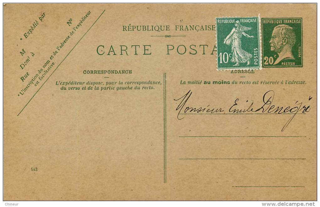 LOT DE 7 ENTIERS POSTAUX 5 PASTEURS 20C VERT  ET 2 SEMEUSES10C ROUGE - Lots Et Collections : Entiers Et PAP