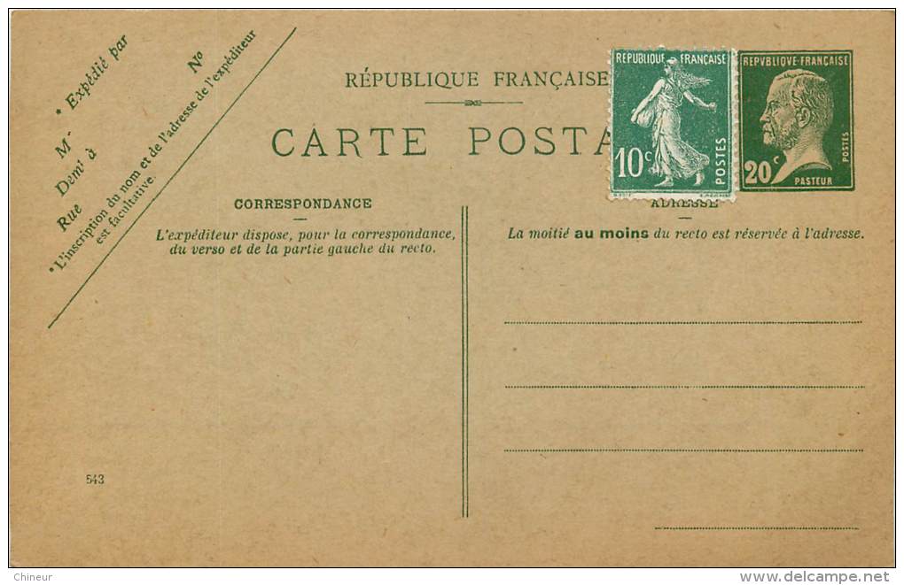 LOT DE 7 ENTIERS POSTAUX 5 PASTEURS 20C VERT  ET 2 SEMEUSES10C ROUGE - Konvolute: Ganzsachen & PAP