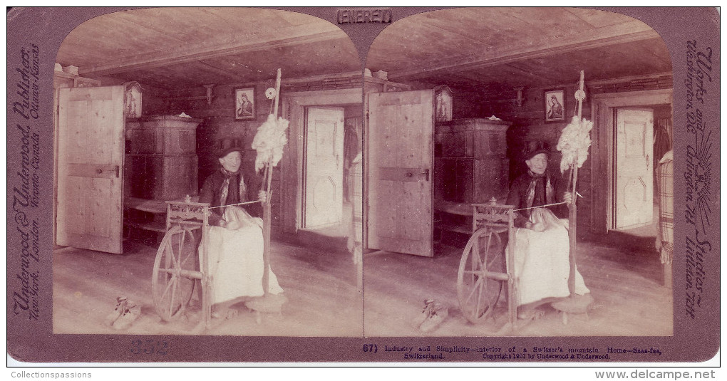 Photo Stéréoscopique - SUISSE - Une Fileuse Au Rouet - - Stereoscopic