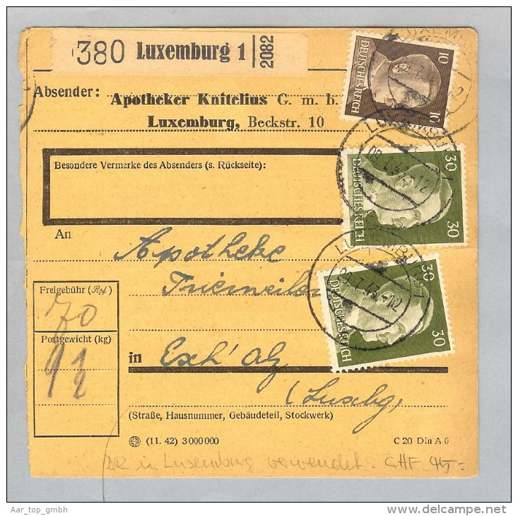 Luxemburg 1944-07-09 R-Paketkarte Apotheke Knutelius DR 70 Pf. Frankiert Nach Esel - 1940-1944 Occupation Allemande