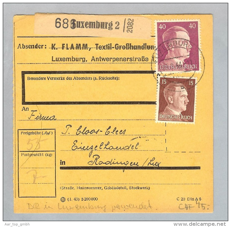 Luxemburg 1944-02-11 R-Paketkarte K.Flamm Textilgrosshandlung DR 55 Pf. Frankiert Nach Rodingen - 1940-1944 Occupazione Tedesca