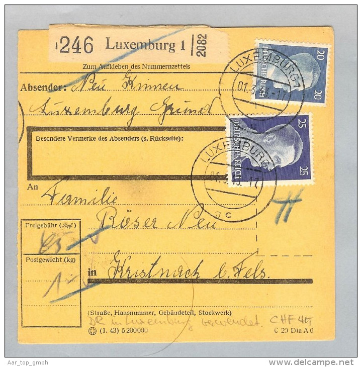 Luxemburg 1943-03-01 R-Paketkarte DR 45 Pf.frankiert Nachfels - 1940-1944 Occupazione Tedesca