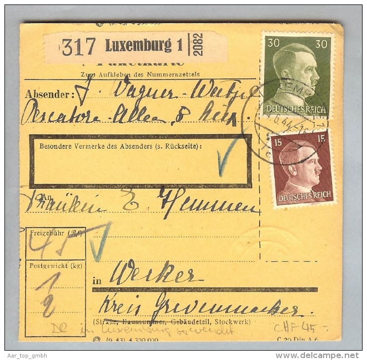 Luxemburg 1944-06-14 R-Paketkarte DR 45 Pf. Frankiert Nach Wecker - 1940-1944 Ocupación Alemana