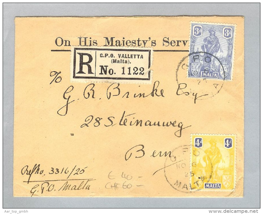 Malta 1925-11-06 R-Brief Valletta Nach Bern - Malte