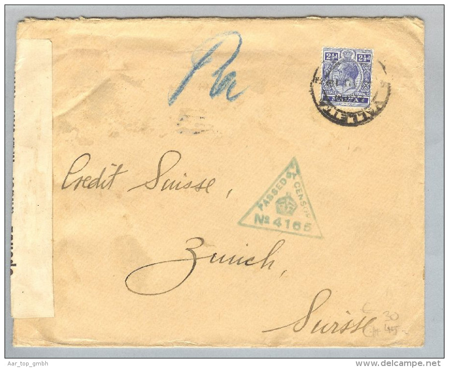Malta 1918-09-14 Zensur-Brief > Zürich Bank - Malte