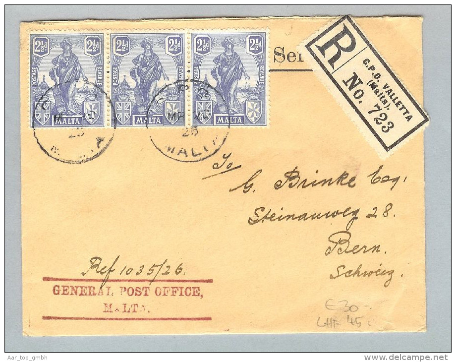 Malta 1926-03-20 R-Brief General Post Office Nach Bern - Malte